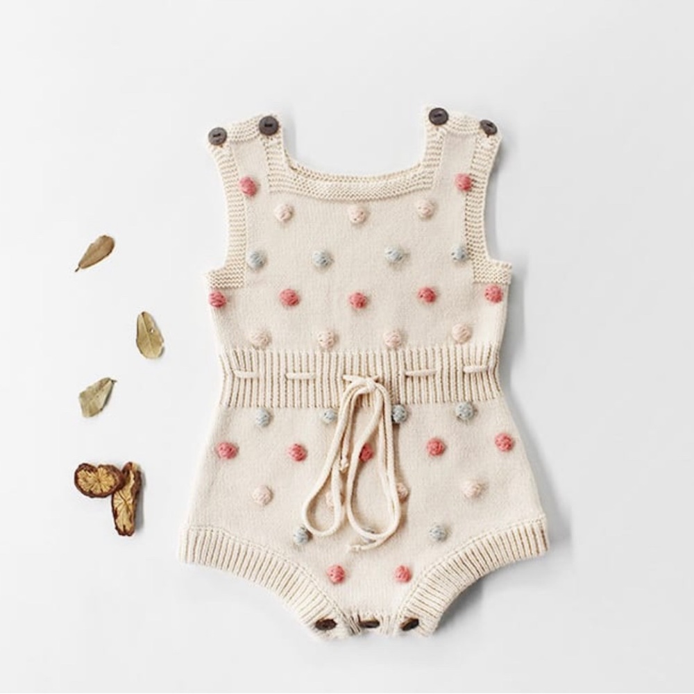 Knitted Onesie for Girls, Knitted Pom Pom Onesie for Baby Girl